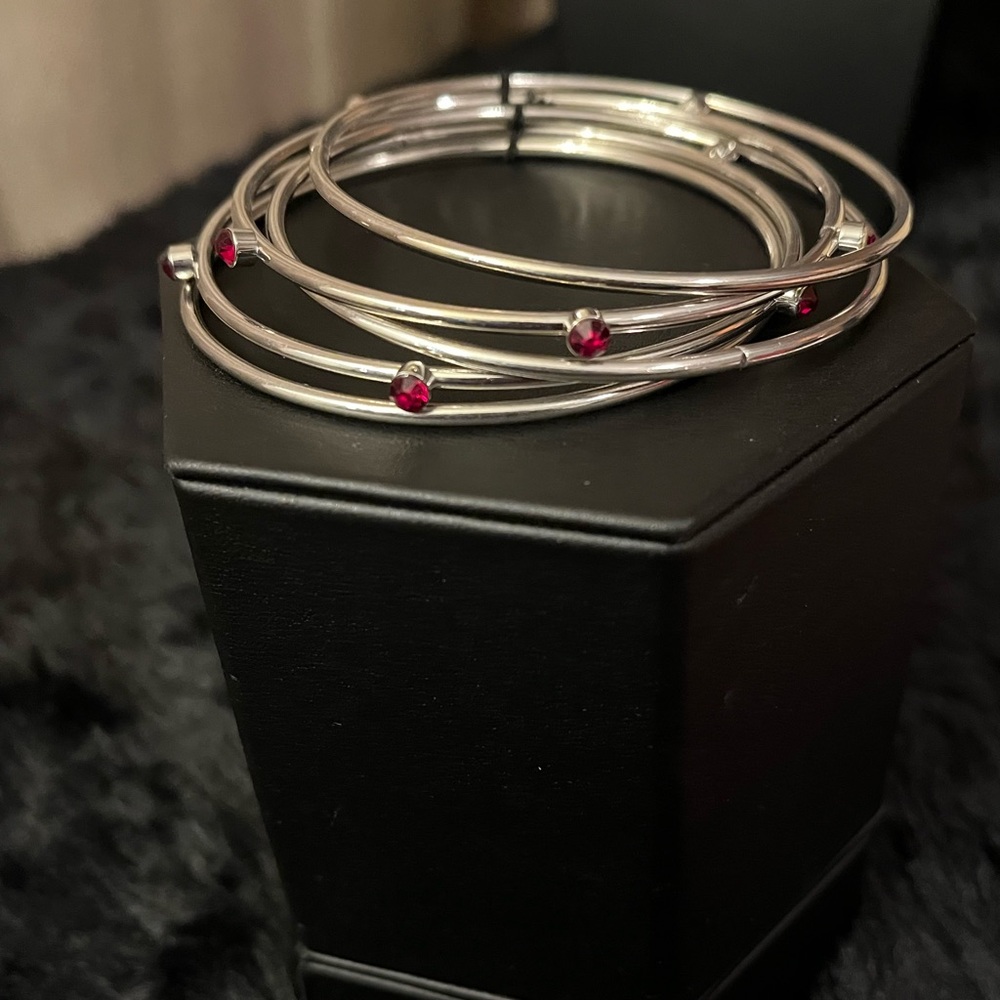 Set of Five. Elegant Silver and Red Bangle Set.